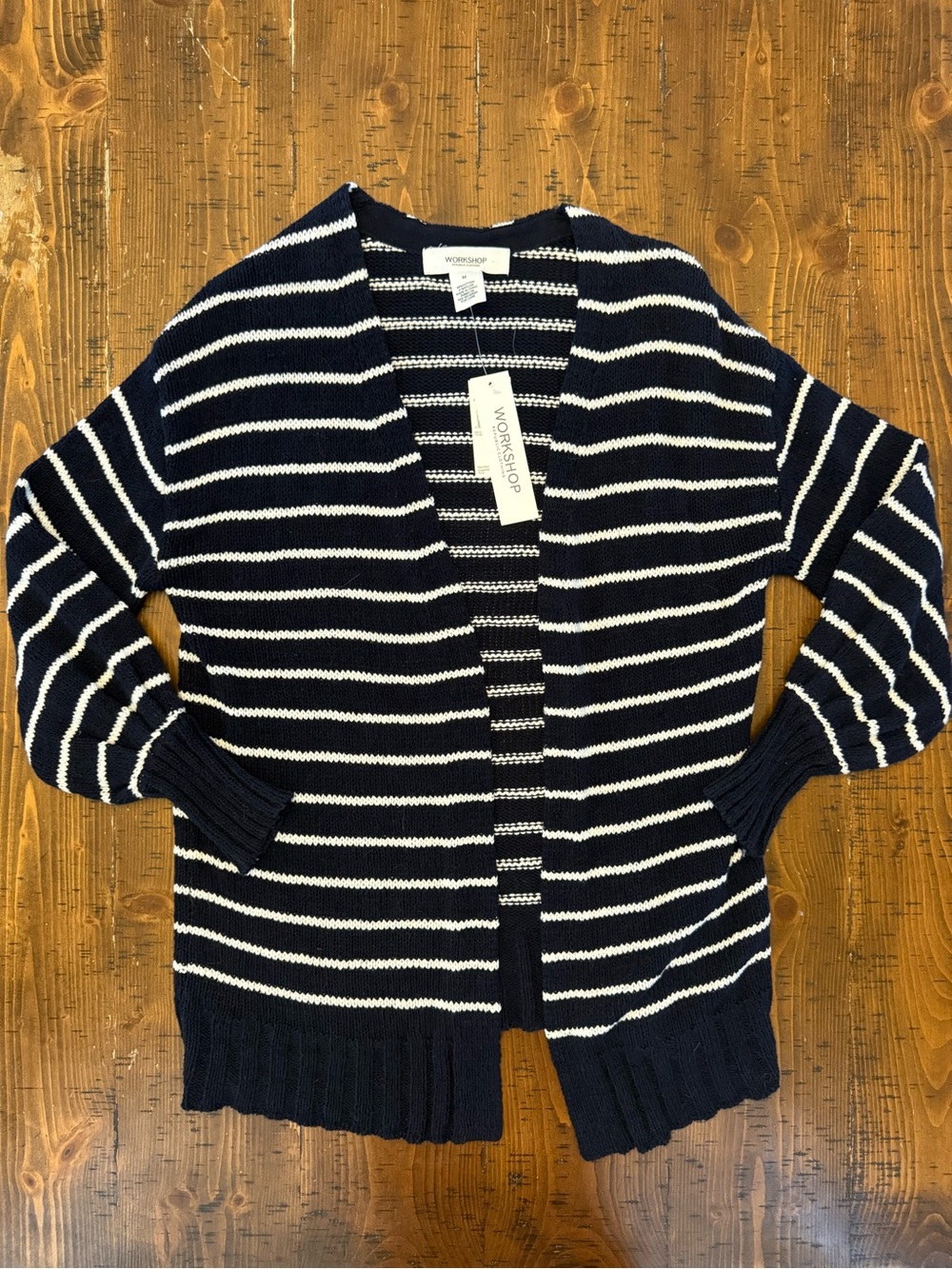 Workshop navy and white striped open front cardigan sweater cozy size medium nwt